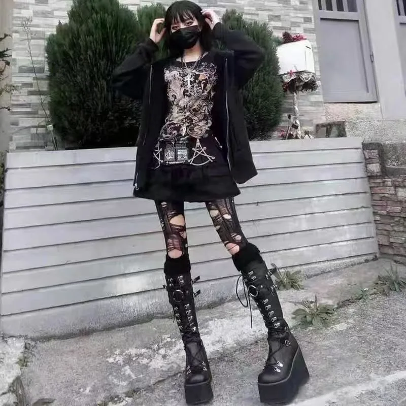 Wedges Lace Up Belt Buckle Women's Boots Platform Round Toe Super High Knee-High Boots Black Punk Fashion Streetwear Women Shoes image 3