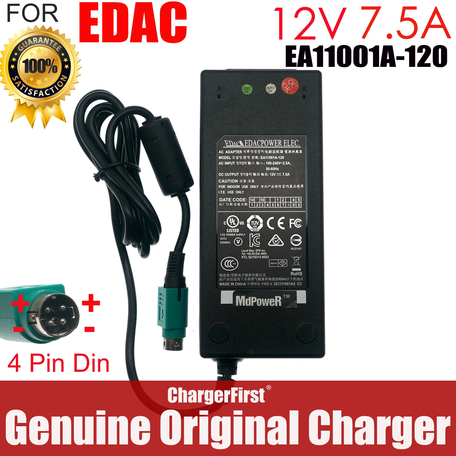 Original EDAC EDACPOWER ELEC. EA10951F-120 EA11001A-120 AC Power Adapter 12V 7.5A 90W 4-PIN Power Supply Charger