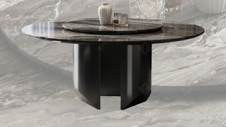 

Venice brown luxury stone dining table high-end natural marble dining table with turntable
