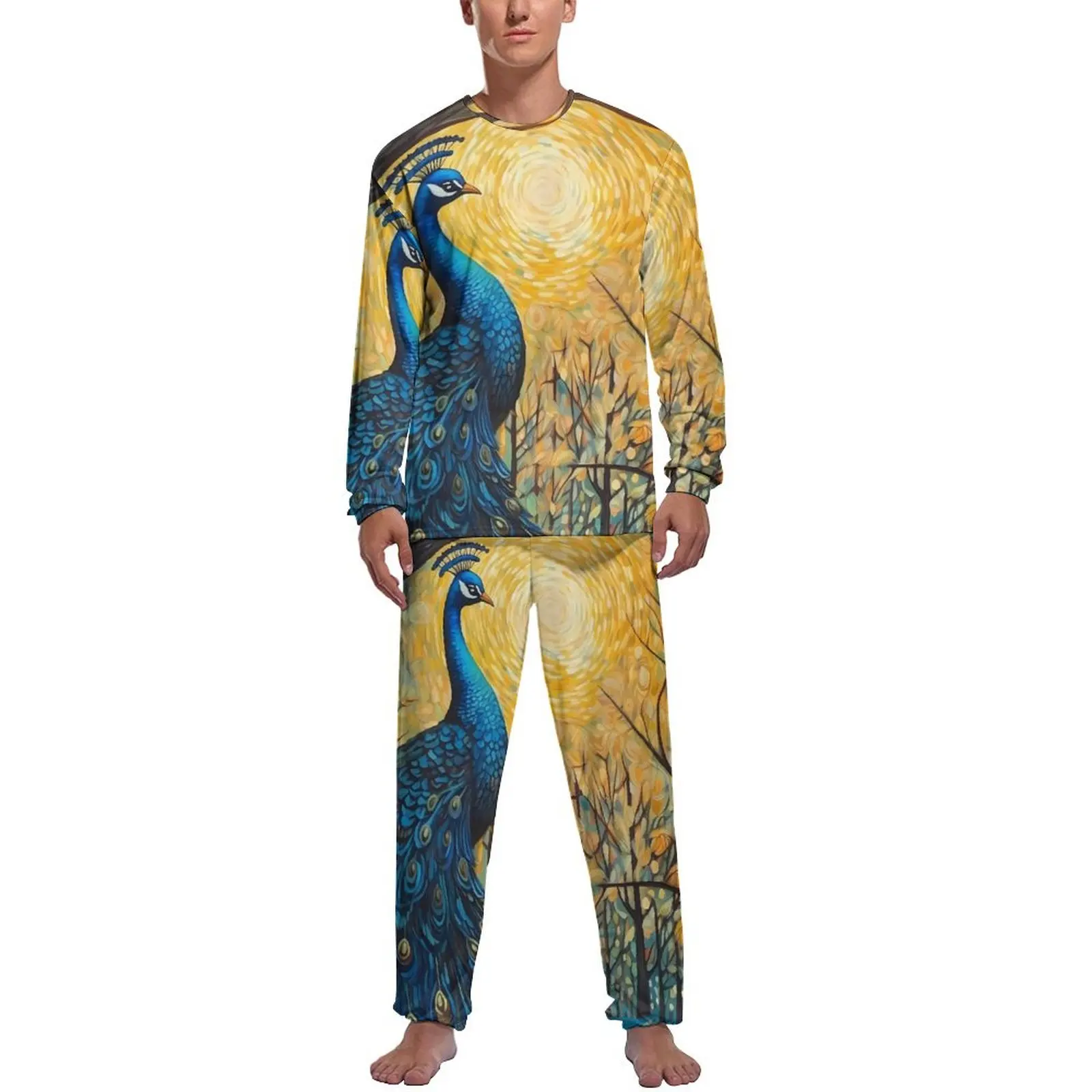 Fantasy Painting About Peacock Pajamas  Man Long-Sleeve Kawaii Pajama Sets 2 Piece Leisure Daily Printed Sleepwear Birthday Gift