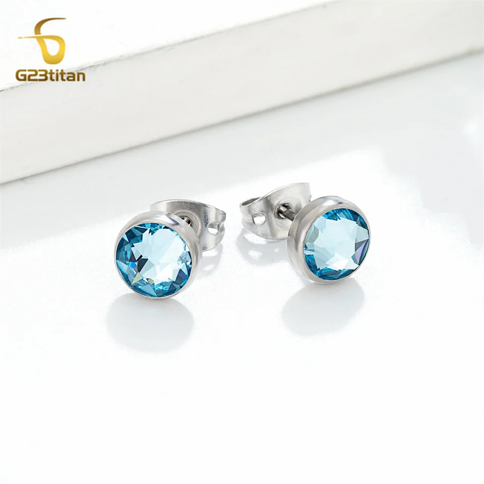 1 Pair Bright Aquamarine Zircon Earrings Hypoallergenic G23 Titanium Ear Piercing First Stud Earings Men Women Girl Jewelry Gift