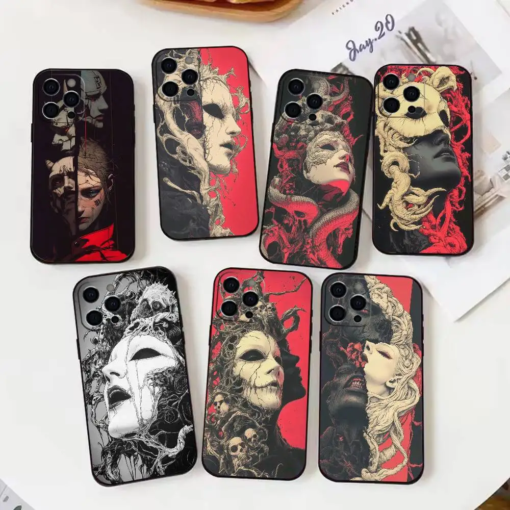 

Dark and grotesque human face art Phone Case For iPhone 17,16,15,14,13,12,11 X XR Plus,Soft Silicone Black Cover