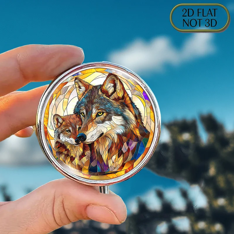 Single-piece flat portable round metal pill box, featuring ultra-realistic shiny painted glass craftsmanship, decorated with a wolf and cub pattern and colorful borders, suitable for organizing medication, vitamins, and other items, making it a perfect gift for Father's Day or Independence Day