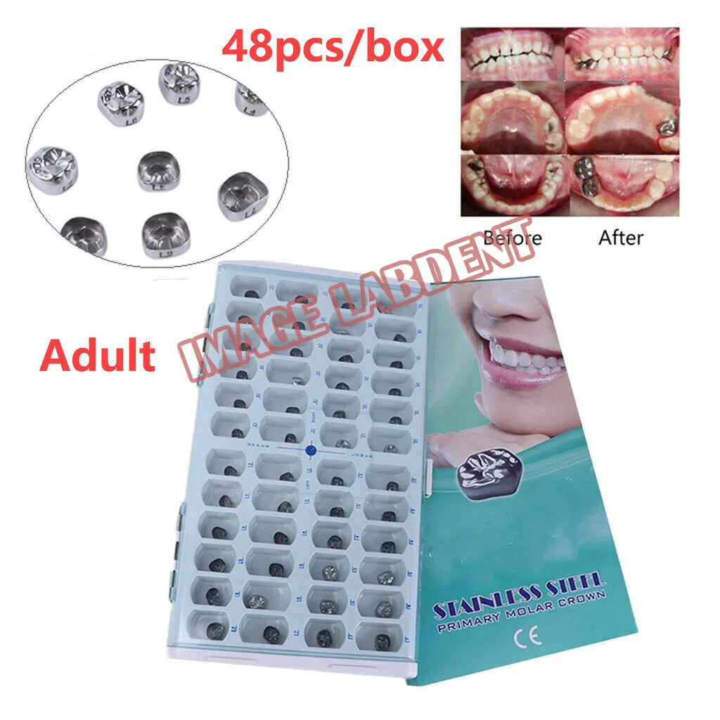 48PCS Stainless Steel Adult Primary Molar Crown Protect Adult Teeth 96pcs Adult Dental Tooth Crown Temporary Adult Teeth Crown