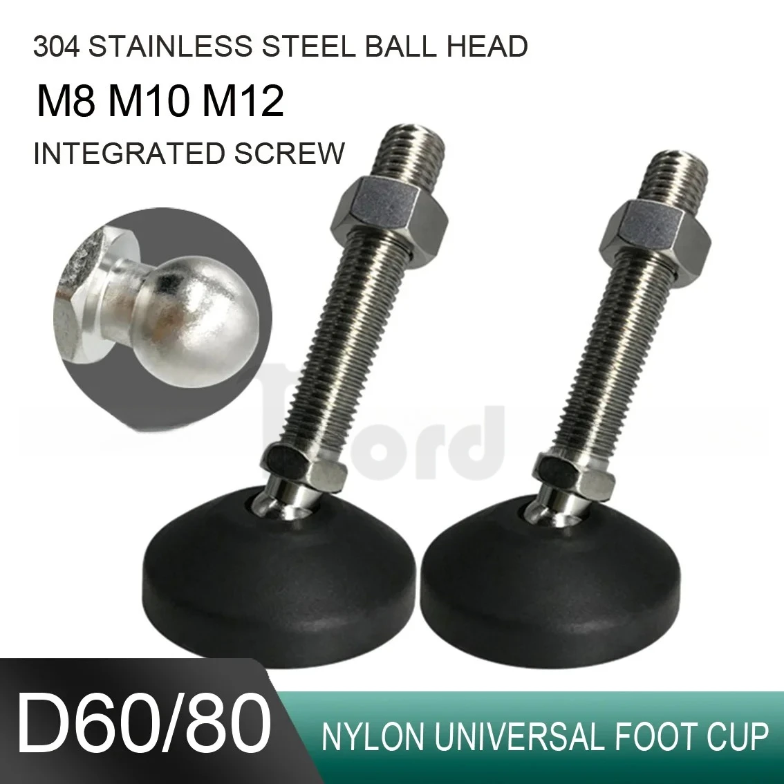 1Pcs M8 M10 M12 Nylon Universal Foot Cup 304 Stainless Steel Ball Head Rotating Base Adjustable Furniture Foot Pad Base 60/80mm