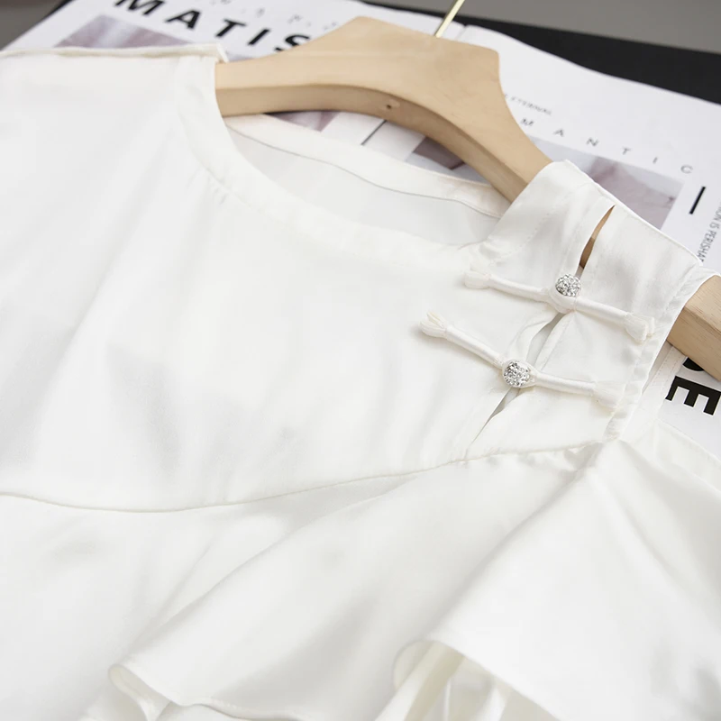 

Ele Chinese Sle Silk irt oulder Bared Design ort Sve Silk Le round Ne Pullover Women's Top