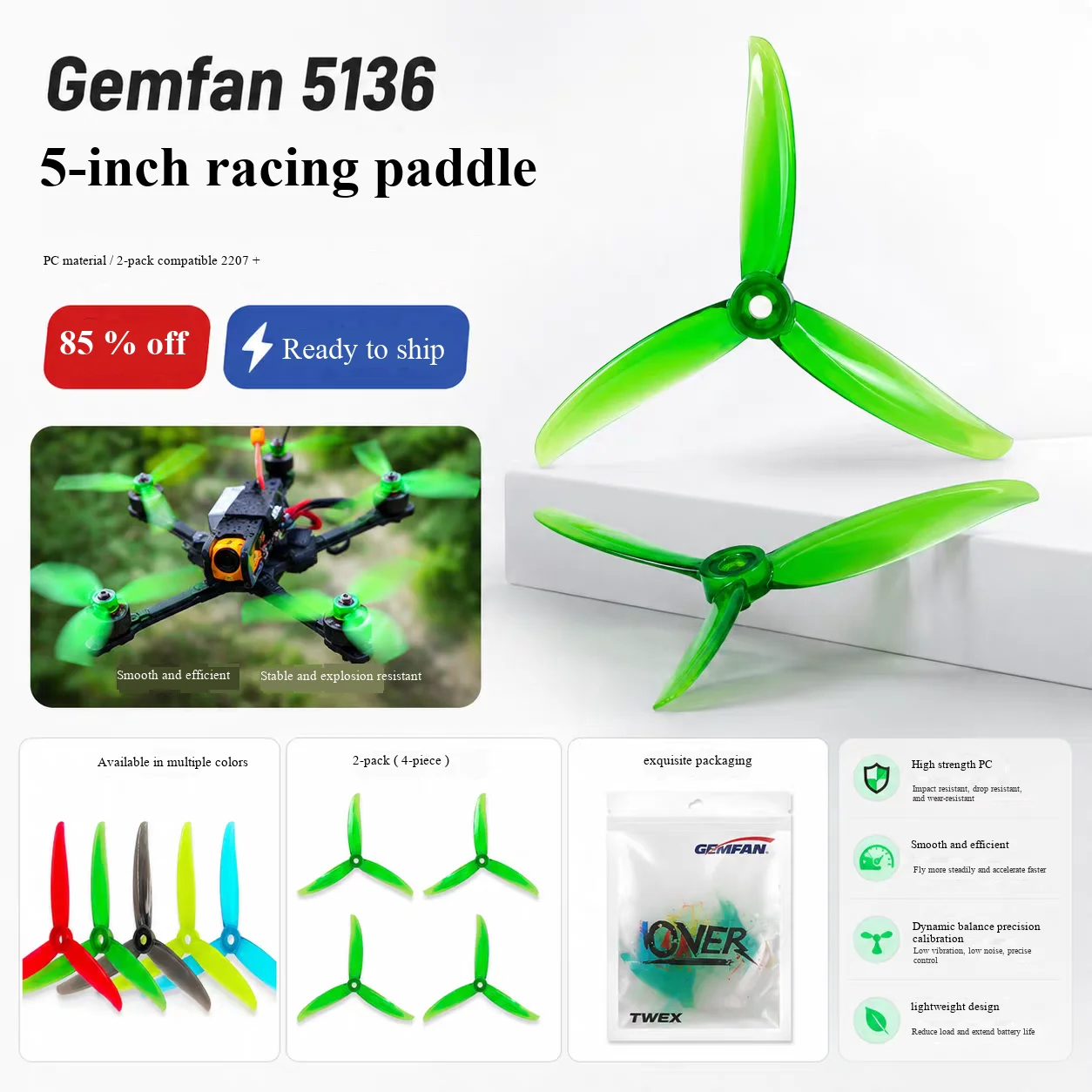 Gemfan VANOVER 5136 3 Blade PC Propeller for FPV Freestyle Quadcopter Racing Drone 5inch Props Multirotor DIY Parts 6Pair/12Pcs