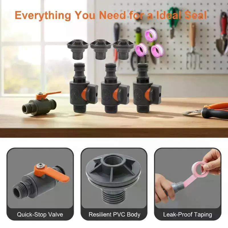PVC Water Tank Straight Valve Nipple Quick Stop Connector, Rubber Coated Adapter with Pink Tape Plumbing