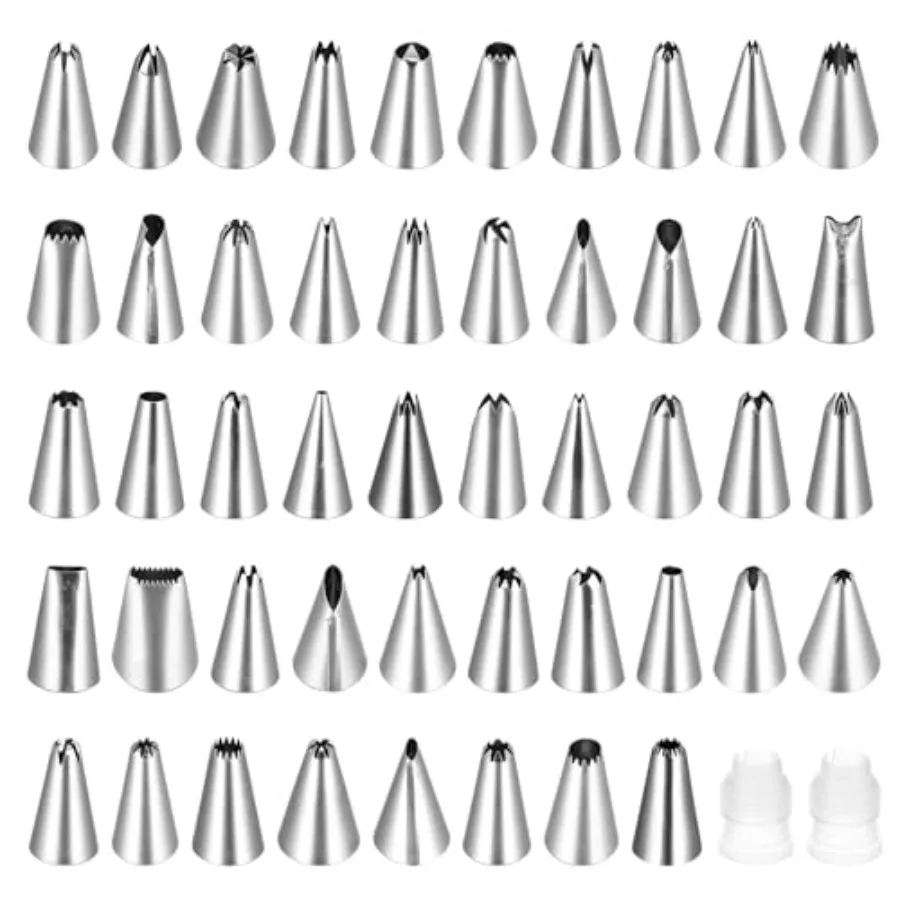 50Pcs Cake Ts Decorating, 48 Patterns Stains Steel Cake Decorating Ts and 2 Reusable Coupler Cake and Cupcake Coes Decorating,
