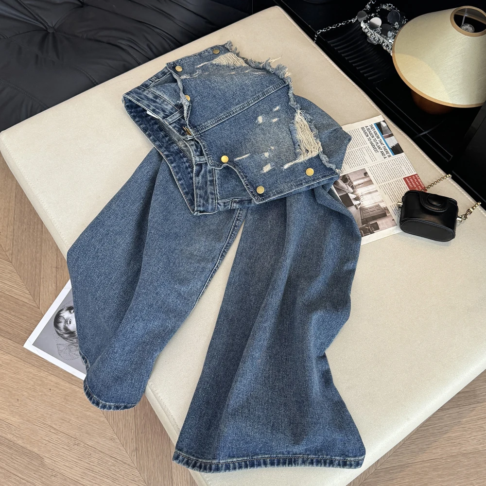 

Синие джинсовые брюки-юбка с оторваными краями и дырками, женские, весна-лето, винтажные, с высокой талией, прямые, широкие штанины, в пол