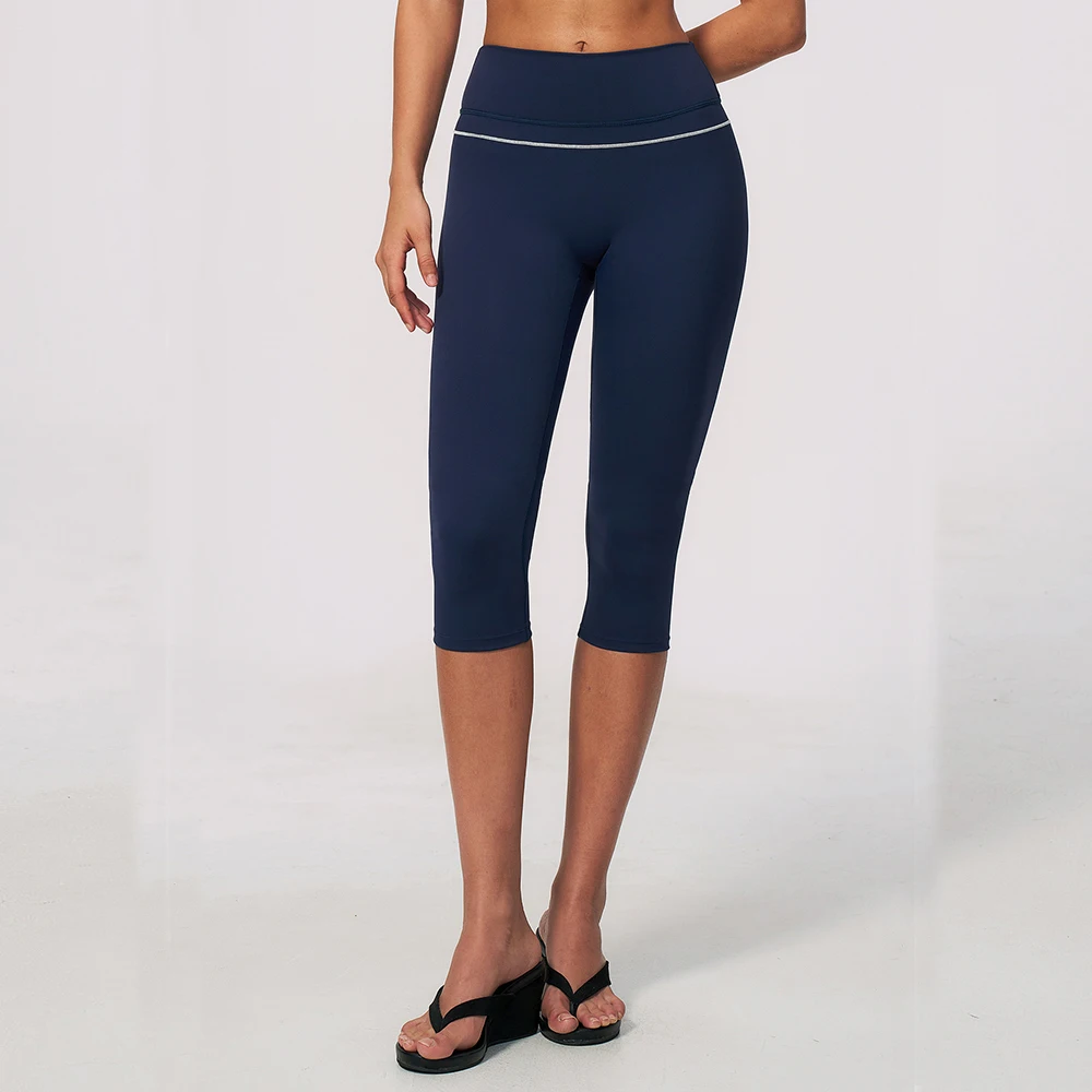 Women Capri Yoga Leggings V Back Contrast Piping Butt Lifting High Waist Gym Pants Tummy Control Workout 3/4 Tight Running Short