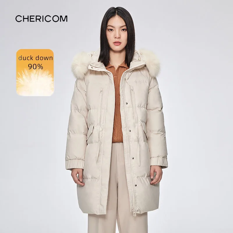 Chericom レディース ブラック ミッドレングス ダウンジャケット ホワイトファー フード付き パファージャケット 暖かい冬用パーカー ルーズフィット パッド入りコート Y278102Y