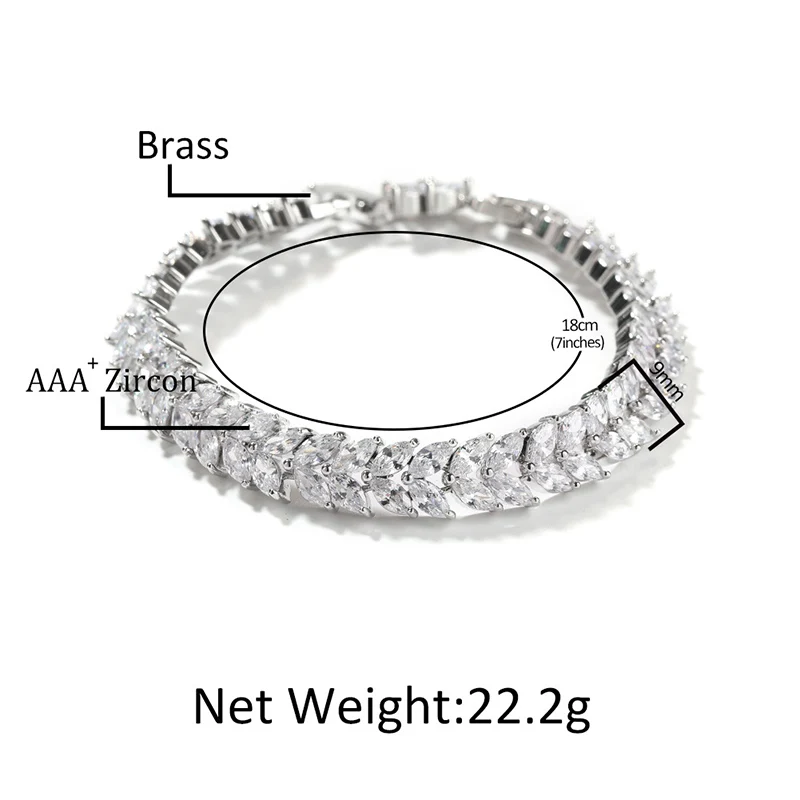 Hip Hop 3A+ Cubic Zirconia Bling Iced Out 2 Rows CZ Stone Wheat Ear Shape Tennis Link Chain Bracelet for Men Rapper Jewelry Gift