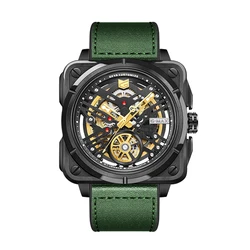 GEYA  Fashion Sport Automatic Mechanical Watch with Square Stainless Steel Case Luminous Hands Leather Male Watch 78053