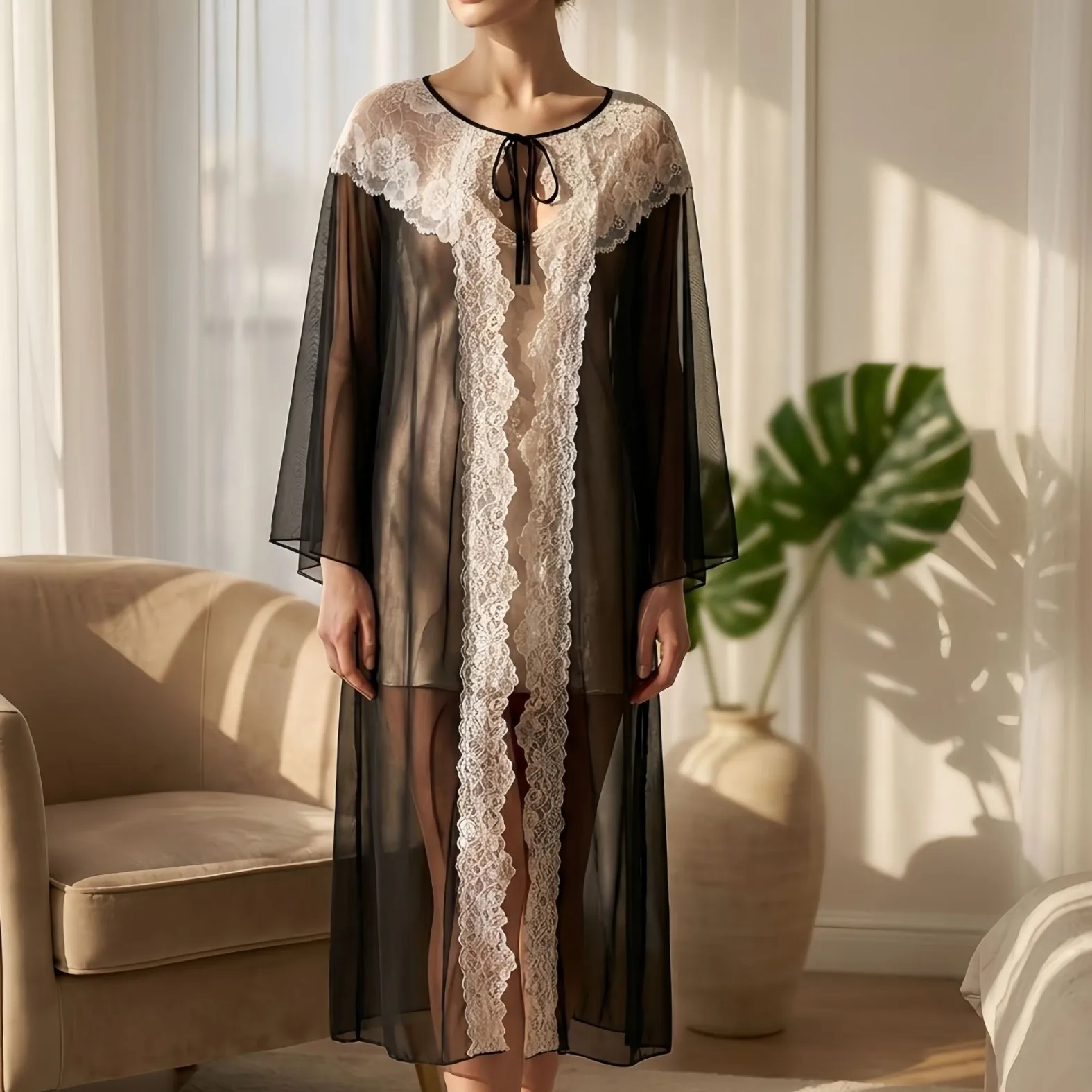 Elegant Sheer Lace Lightweight Sleep Morning Robe Soft Skin Friendly Morning Gown Home Bathrobe Sun Protection Plus Size Thin