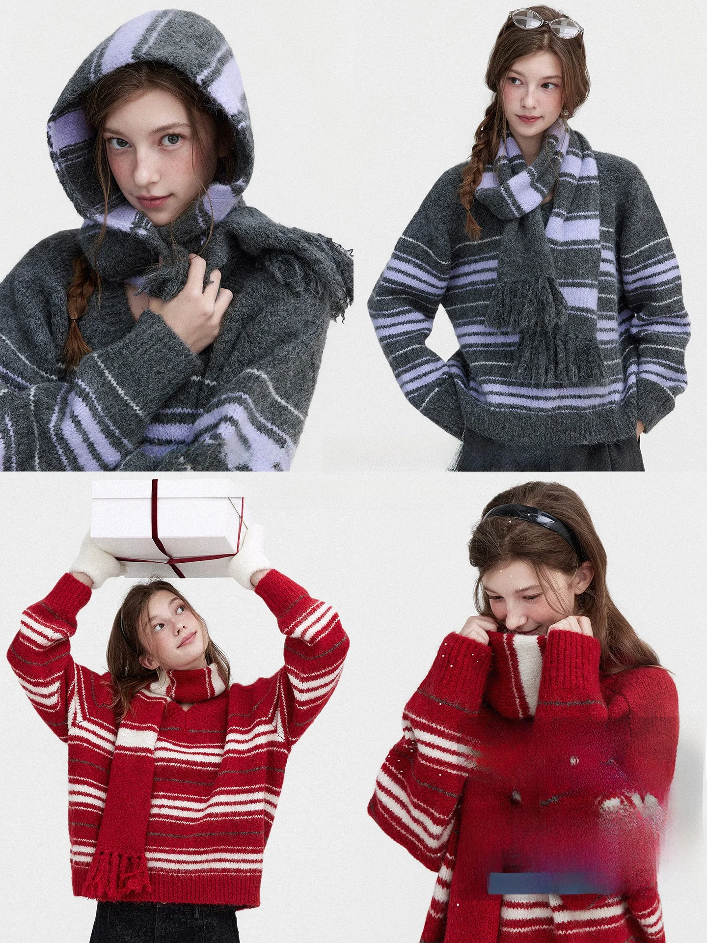 

Romantic Winter S ey Mist Purple Cisas Red Stripes Color Blo V-Ne Women's Wool Sweater with Tassel Scarf Commut...