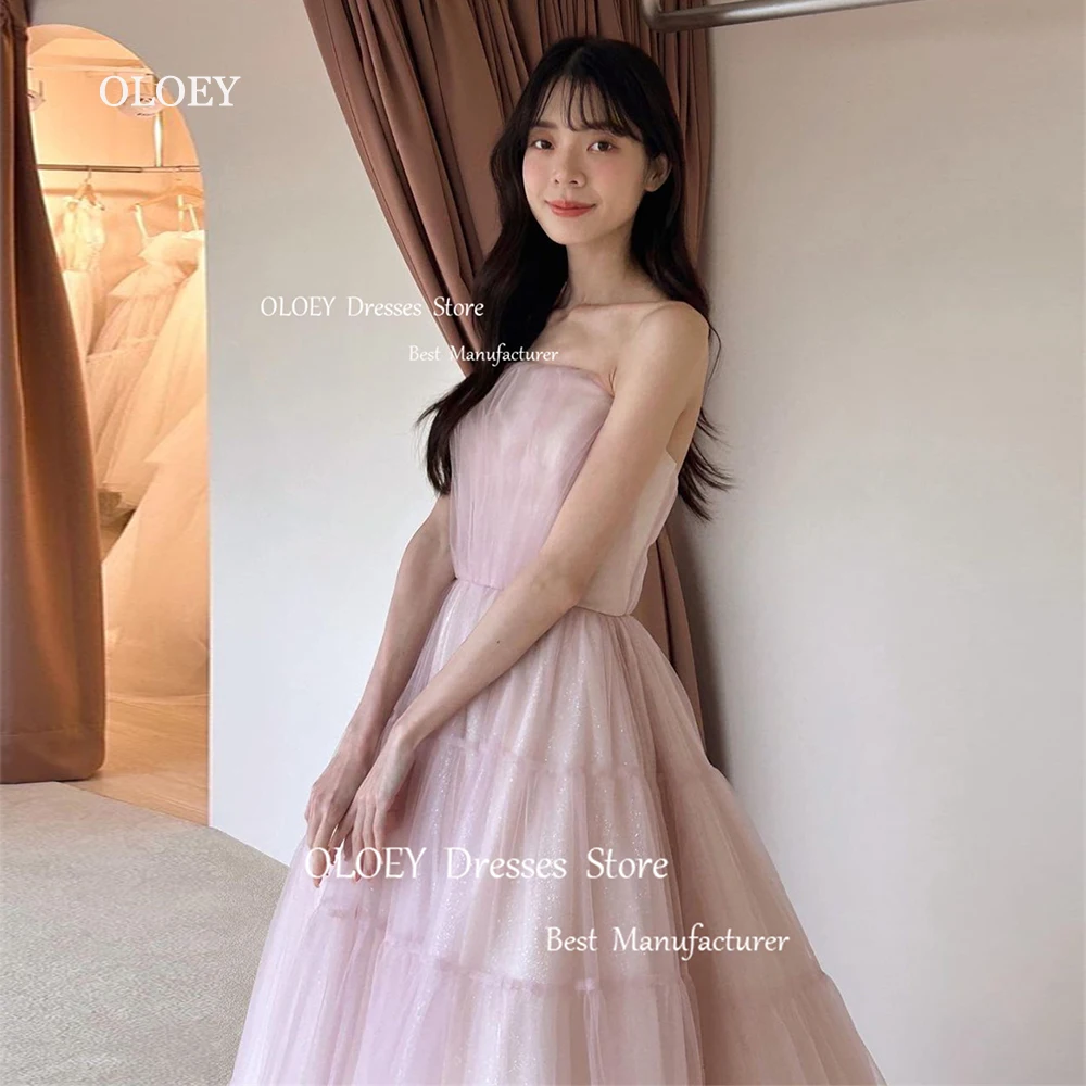 OLOEY Elegant Glittery Strapless Prom Dresses Korea Wedding Photoshoot Silky Tulle Evening Dresses Floor Length Corset/Zip Back