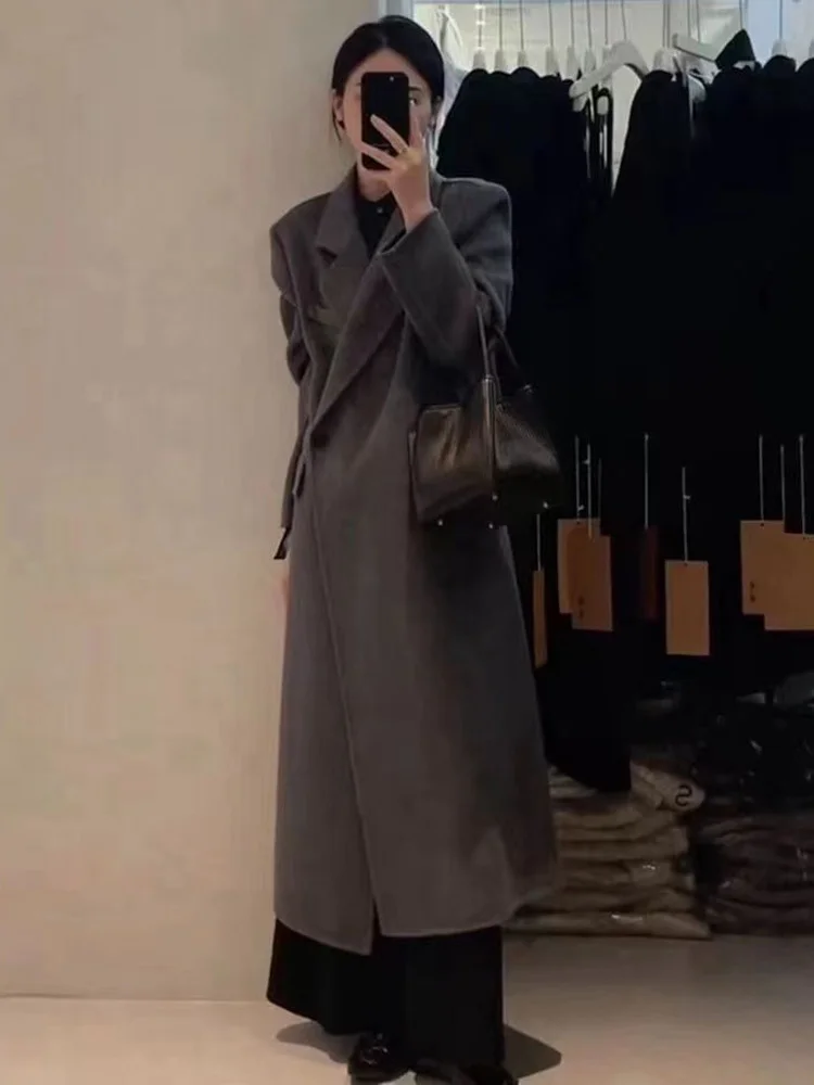 LANMREM 2023 Winter New Wool Coat For Women Notched Long Sleeves Irregular Loose Big Overcoat Female Luxury Clothing 2DA2315