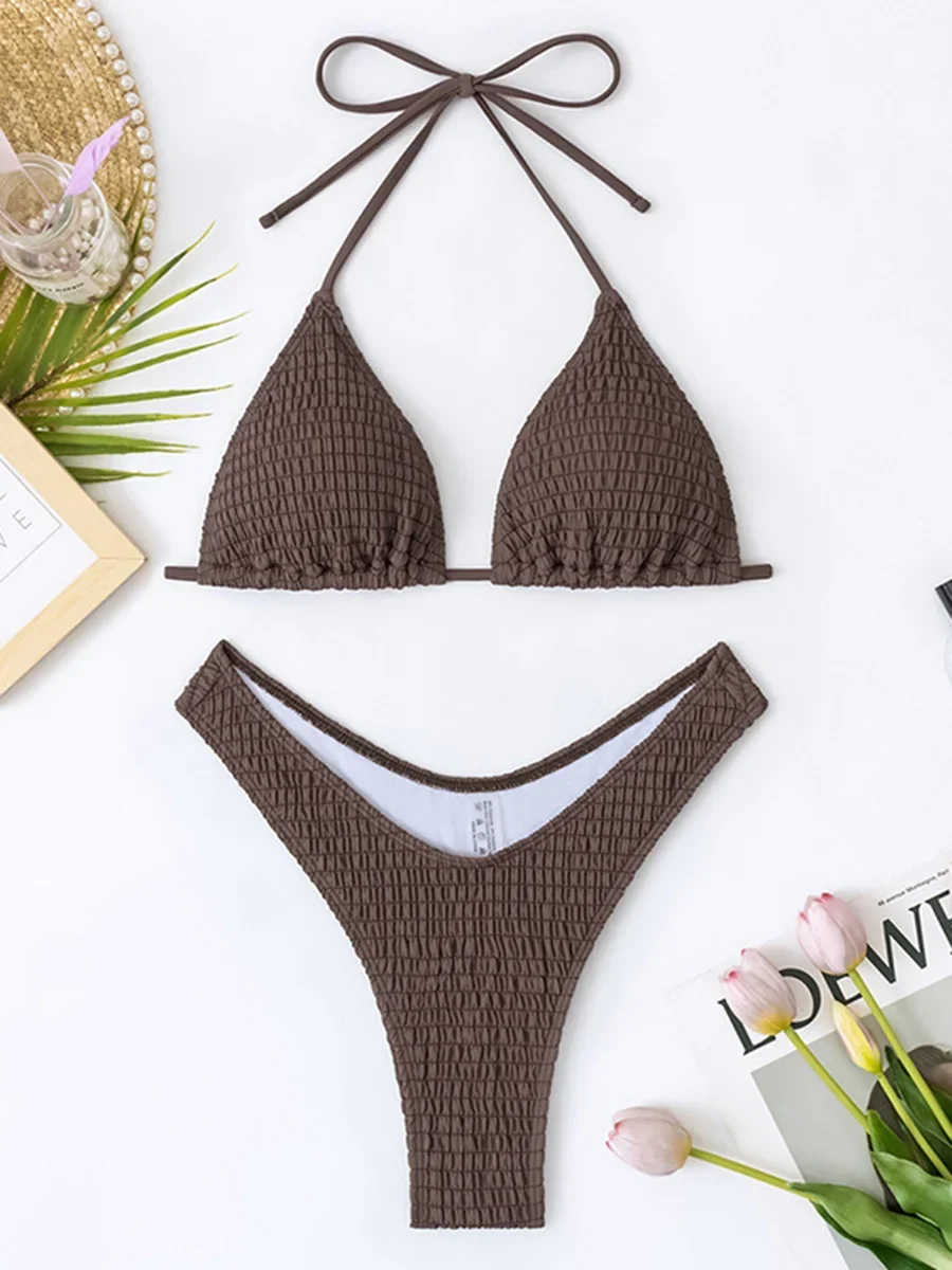 Halter Wrinkled Pleated Bikini Female Swimsuit Women Swimwear Two-pieces Bikini Set High Cut Bather Bathing Suit Swim Beachwear