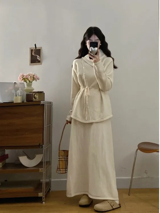 

Женский вязаный свитер больших размеров с поясом и юбкой с высокой талией, комплект из двух предметов, осенне-зимний, модный, повседневный, в корейском стиле