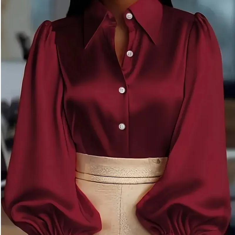 

Elegant Women's Shirt Solid Color Autumn Winter Fashion Daily Commuting Style Tops Color Puff Sleeves Long Sleeve Satin Clothes