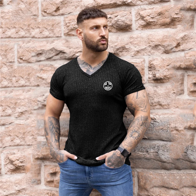 Knitted Quick Dry V Neck T-Shirt Men\'s Fitness Slim Fit Short Sleeve Shirts Gym Bodybuilding Sports Breathable Summer Clothing