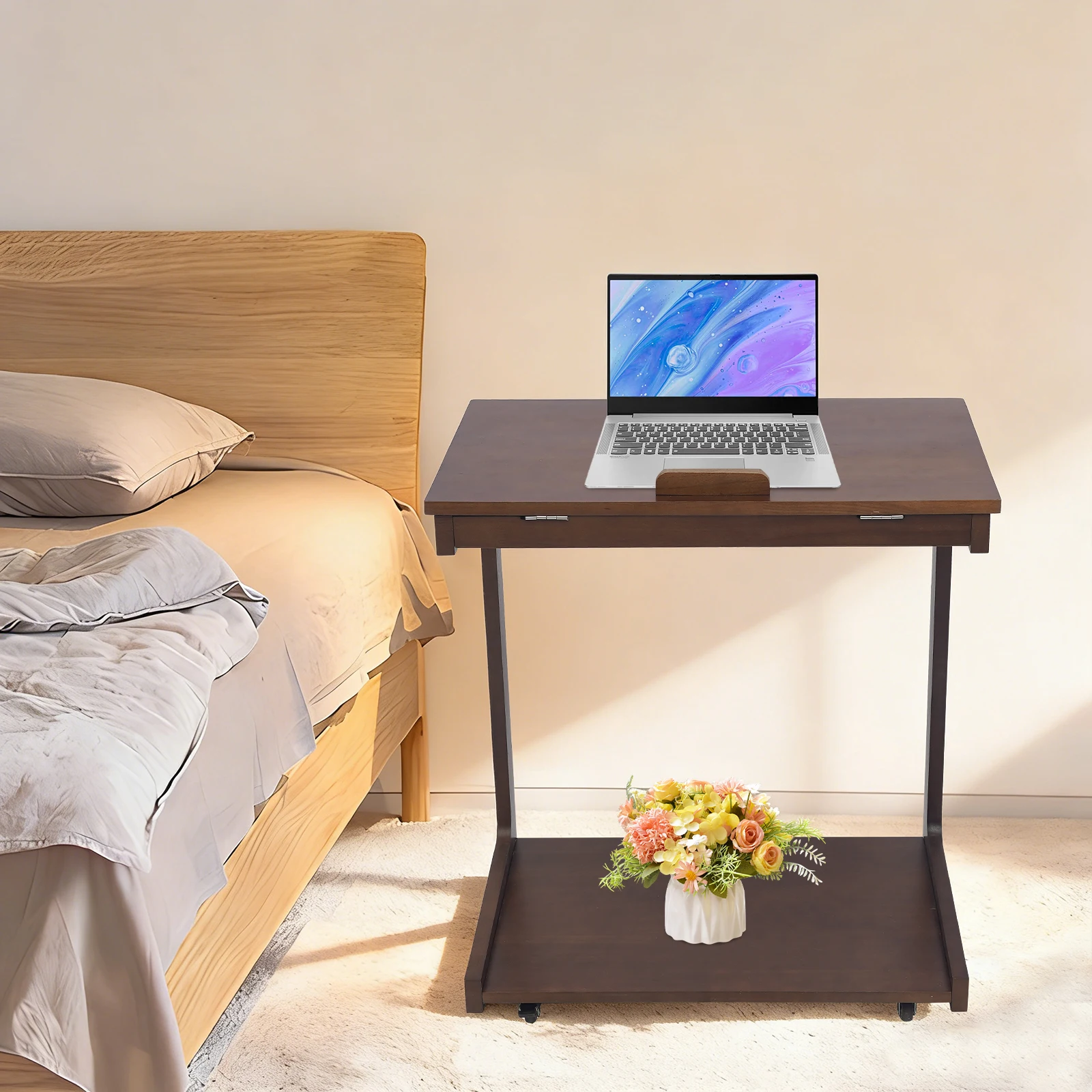 60*39*63cm Wooden C-Shaped Side Table, Sofa Side Table With Adjustable Flip Desktop, Small Rolling Side Table