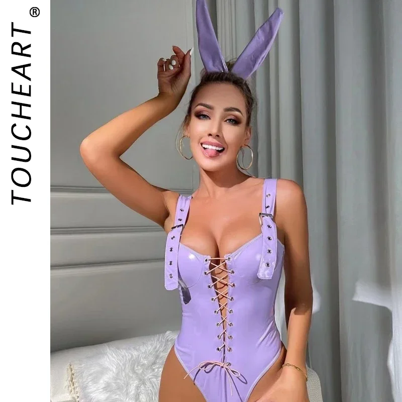 

Toucheart Bunny Girl Sexy Lingerie For Women PU Leather High Waist Strap Sexy Bunny Girl Jumpsuit Female Erotic Underwear New