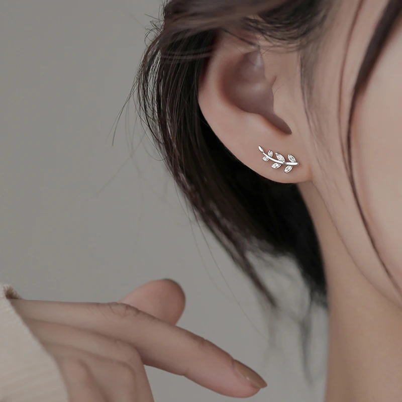 

French Simple Silver Color Pavé Crystal Olive Branch Leaf Stud Earrings Women Light Luxury Temperament Wedding Jewelry