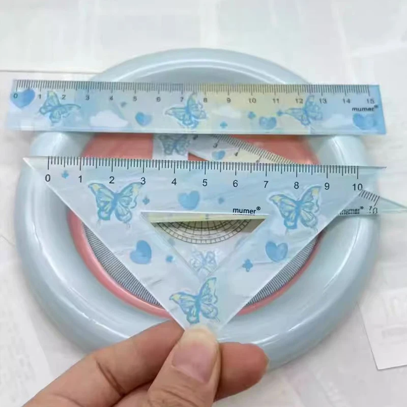 4 in 1 Oil painting butterfly Cartoon Ruler Stationery Set Multifunctional Combination Ruler Ruler Triangle Protractor Drawing
