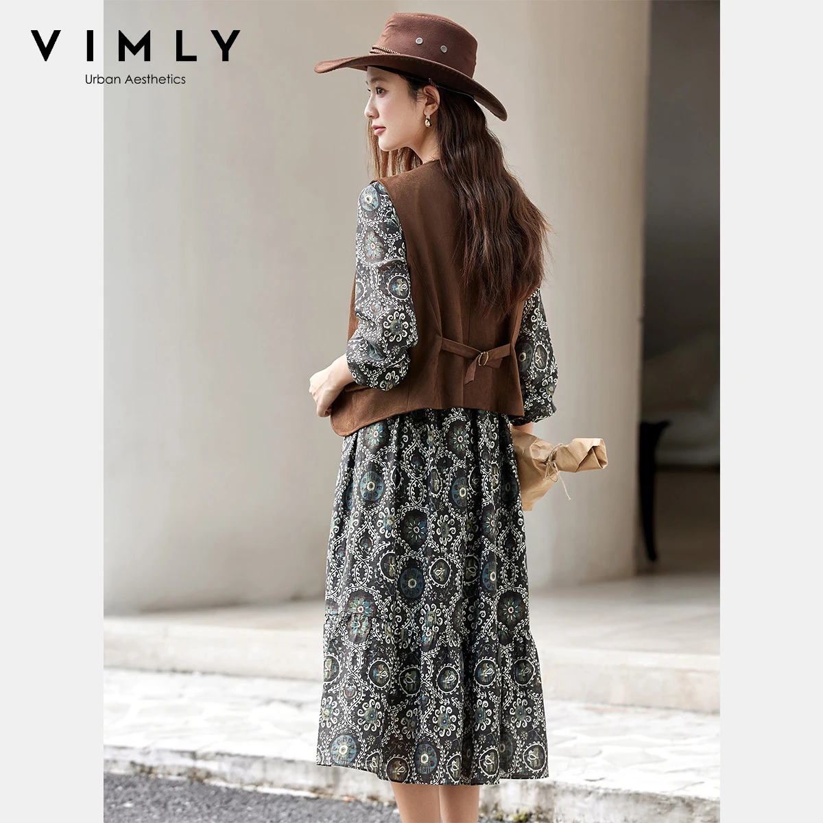 VIMLY trajes de vacaciones mujer 2025 nuevo vestido traje otoño Vintage marrón chaleco estampado Floral vestidos largos trajes de mujer A2936