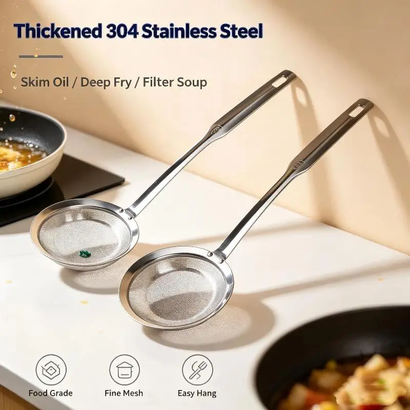 Multi Functional 304 Stainless Steel Fat Skimmer Spoon Fine Mesh Grease Oil Dregs Remover for All Kitchen Cooking Scenarios