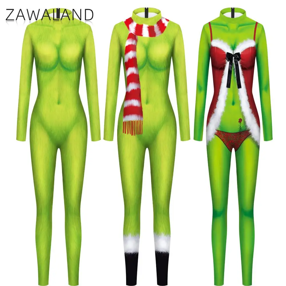 Zawaland Cosplay Green Guy Pattern Costume Christmas Women Jumpsuit 3D Print Xmas Party Clothes Zentai Suit Holiday Sexy Catsuit