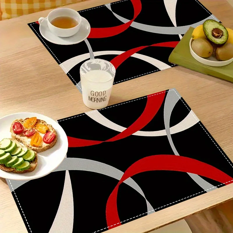 2pc Abstract Geometric Black PlacematX Inch Linen Rectangular Dining TablematRed White Modern Geometric Line Design Tablemat For