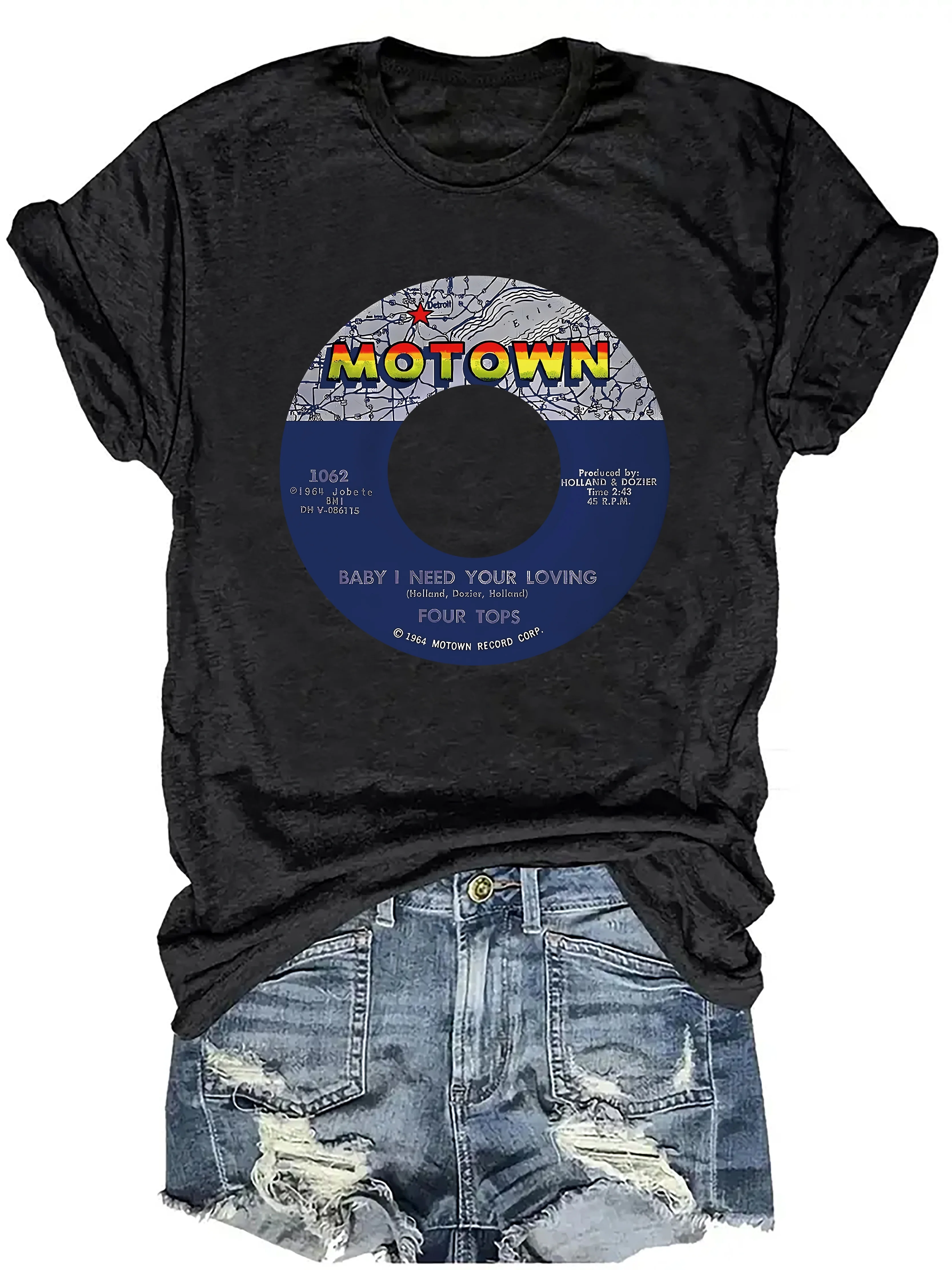 Motown Baby I Need Your Loving Women's Tee - Retro Vinyl Graphic, Casual Black Top