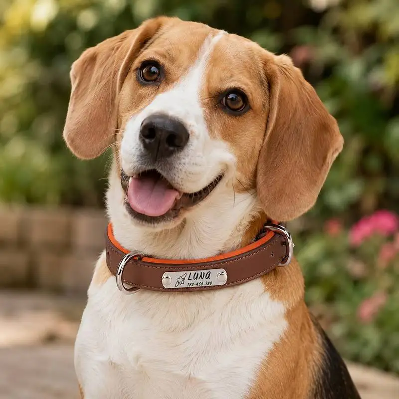 Personalisiertes Leder-Hundehalsband mit Graviertem Metallnamensschild Weiches Gepolstertes Haustierhalsband für Kleine Mittlere und Große Hunde