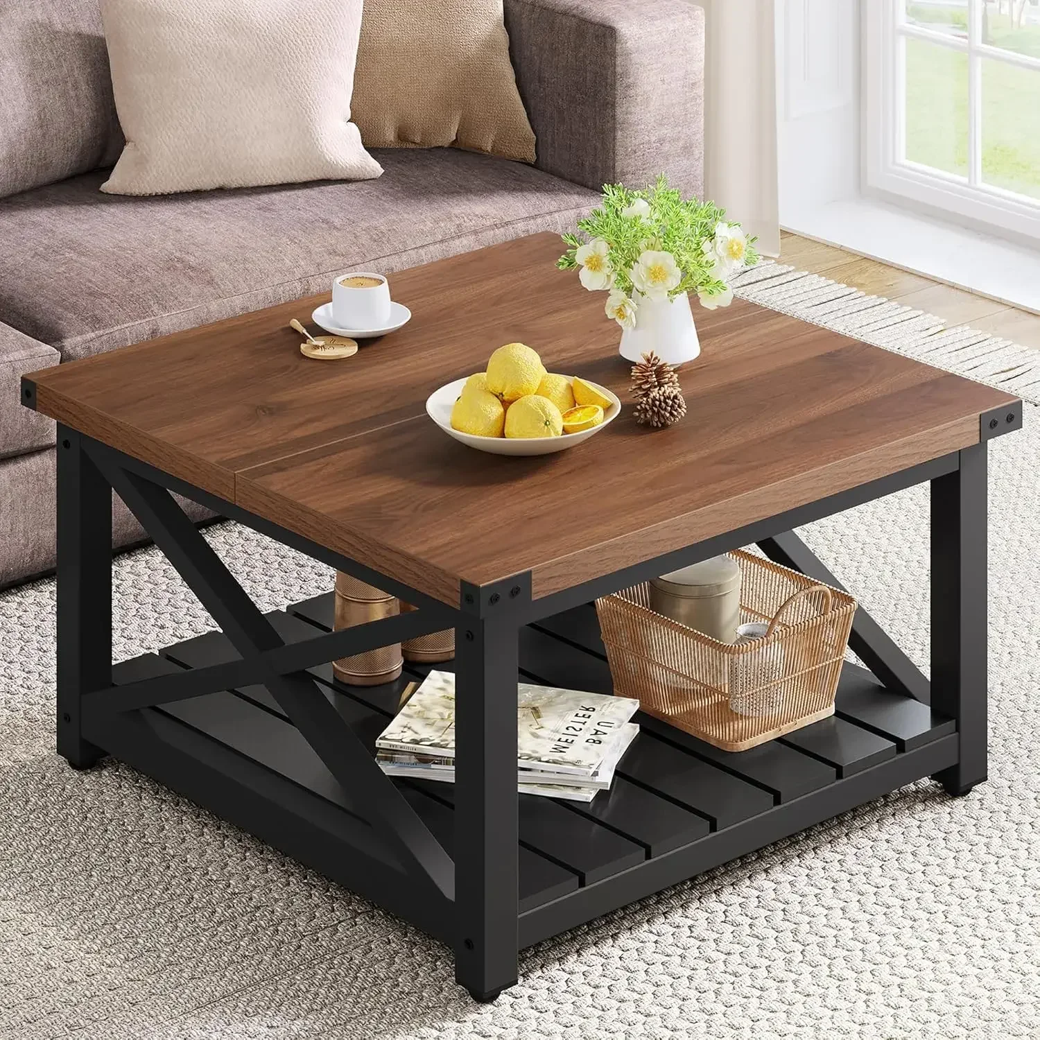 

Farmhouse Coffee Table,Square Coffee Table for Living Room, Vintage Living Room Table with Shelf, Coffee Table with Storage