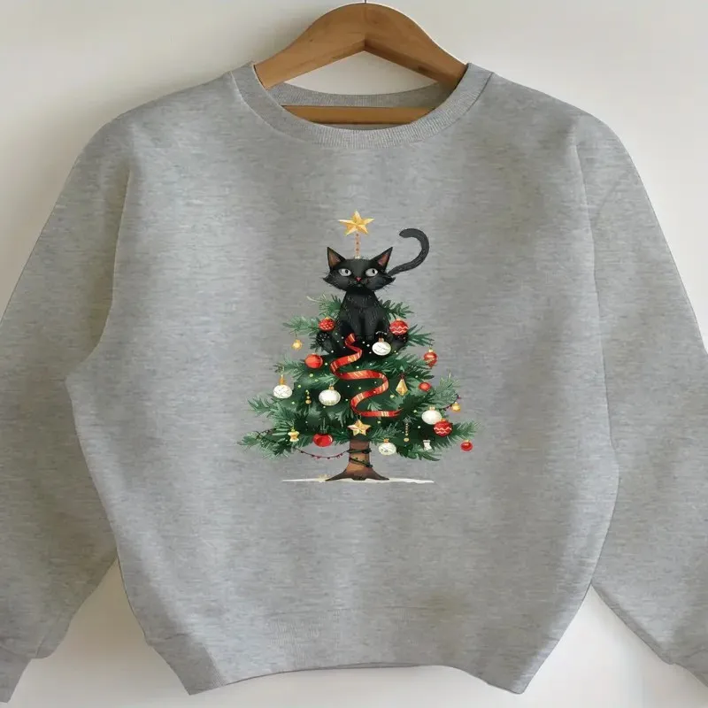 

Fall Winter Women Sweatshirt Plus Size Female Clothes Oversize Cat Christmas Black Graphic Tree Breathable Fabric Trendy Top