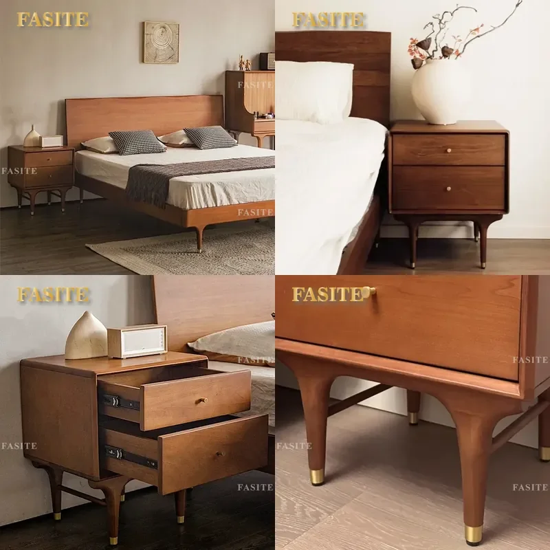 For Nordic Bedroom Furniture Imported All Solid Wood Bedside Table Retro Edge Cabinet with Double Drawers Small Storage