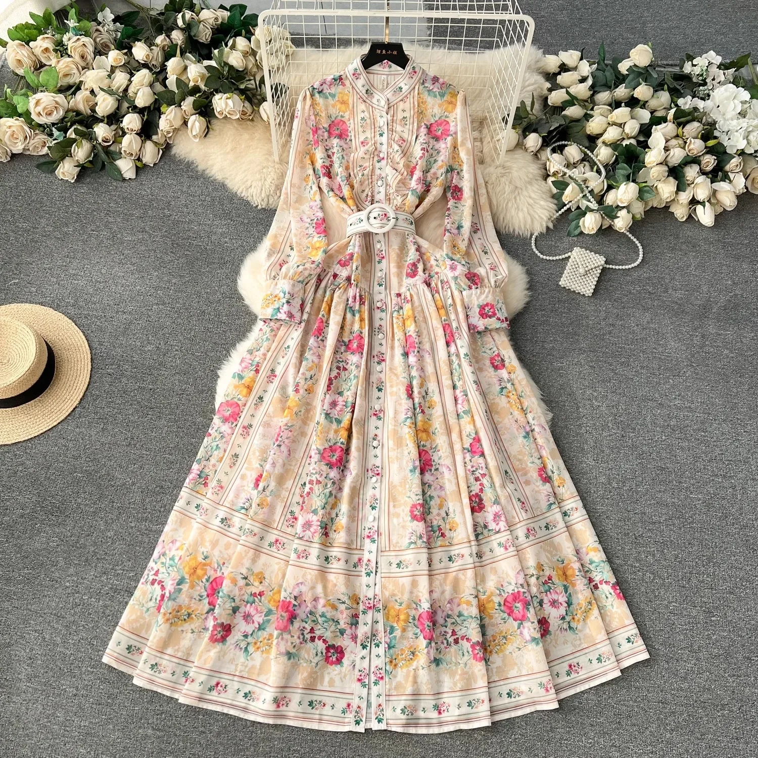 

Fashion Holiday Gorgeous Flower Chiffon Maxi Dress Women's Stand Ruffles Long Lantern Sleeve Floral Print Belt Boho Robe Vestido