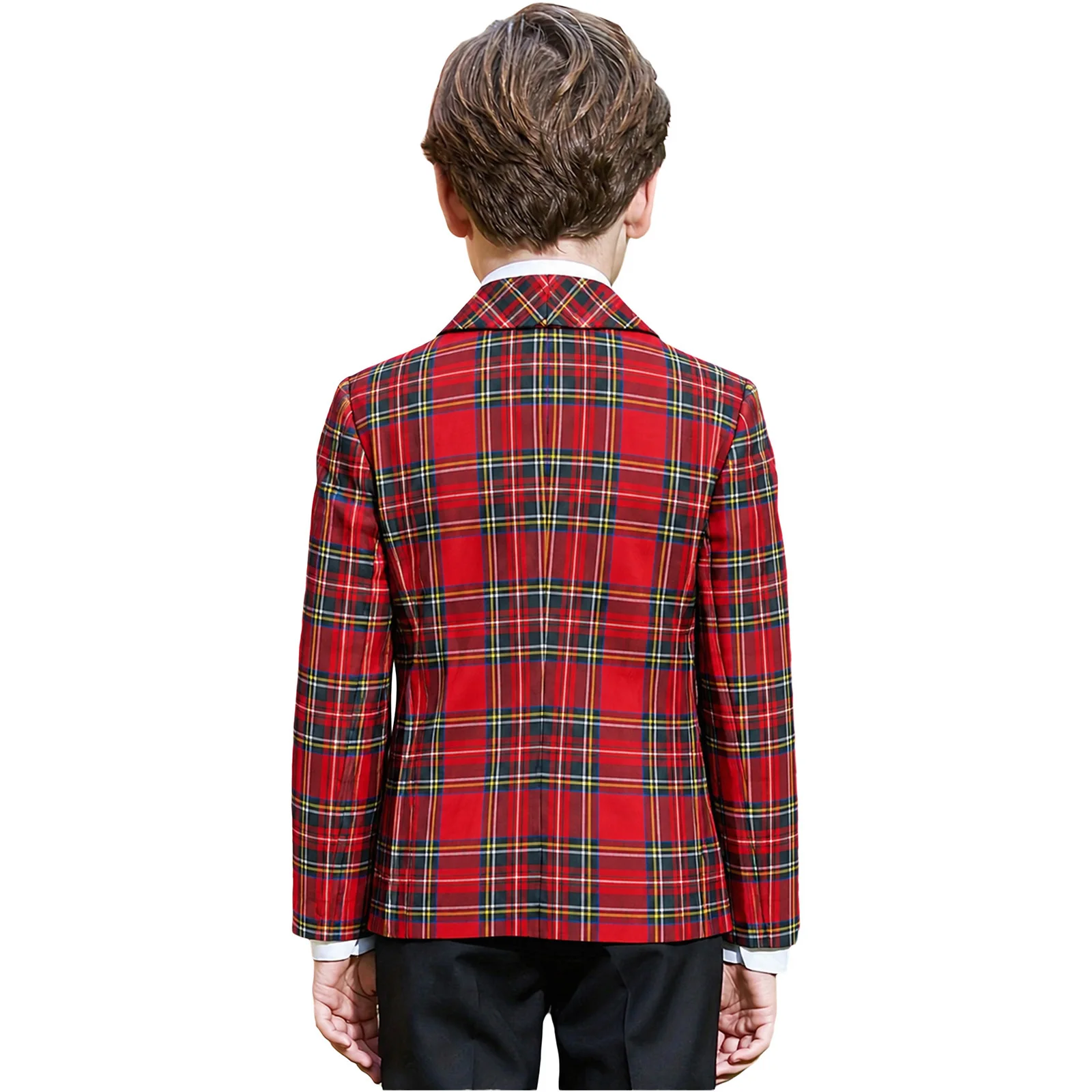 Kids Boys Plaid Suit Blazer Jacket Lapel Collar Long Sleeve Button-up Coat with Pockets for School Show Birthday Party Wedding
