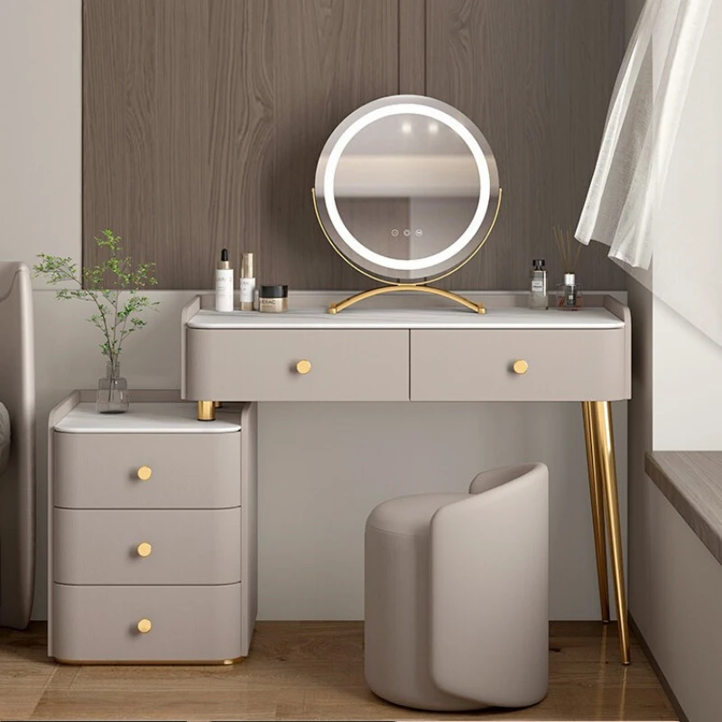 

Italian minimalist Makeup vanity high-end light luxury leather cosmetic table with with mirror and stool penteadeiras furniture