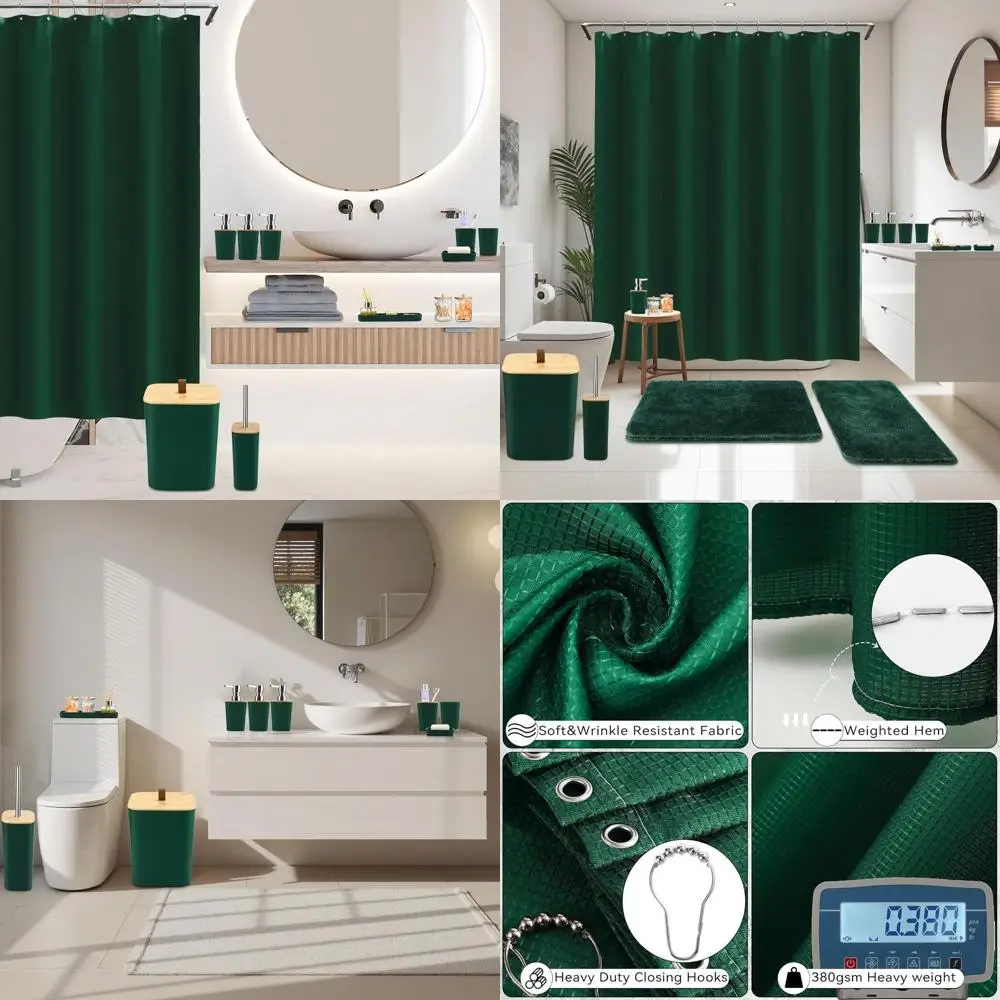 

27-Piece Dark Green Bathroom Set with Shower Curtain, Rugs, and Trash Can