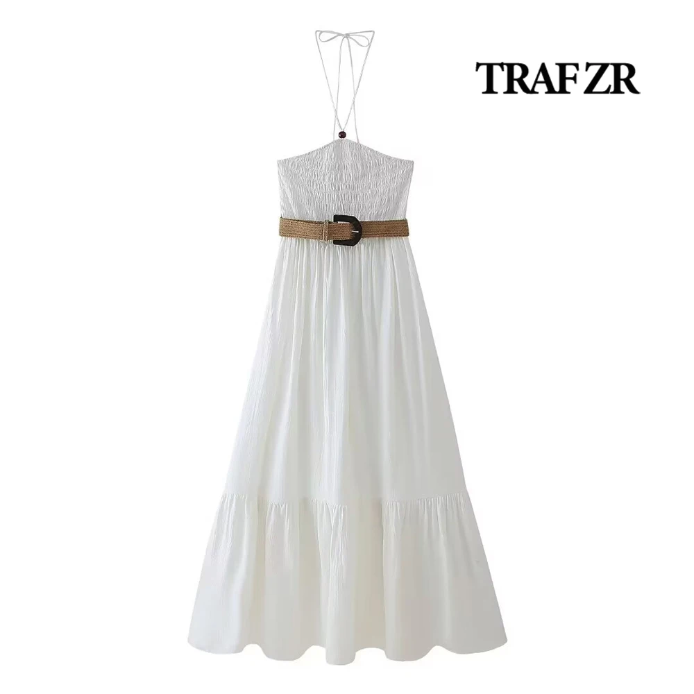 TRAF ZR-Vestido feminino com babados em camadas, elegante vestido Midi chique, gola sem mangas, vestido de verão fluido