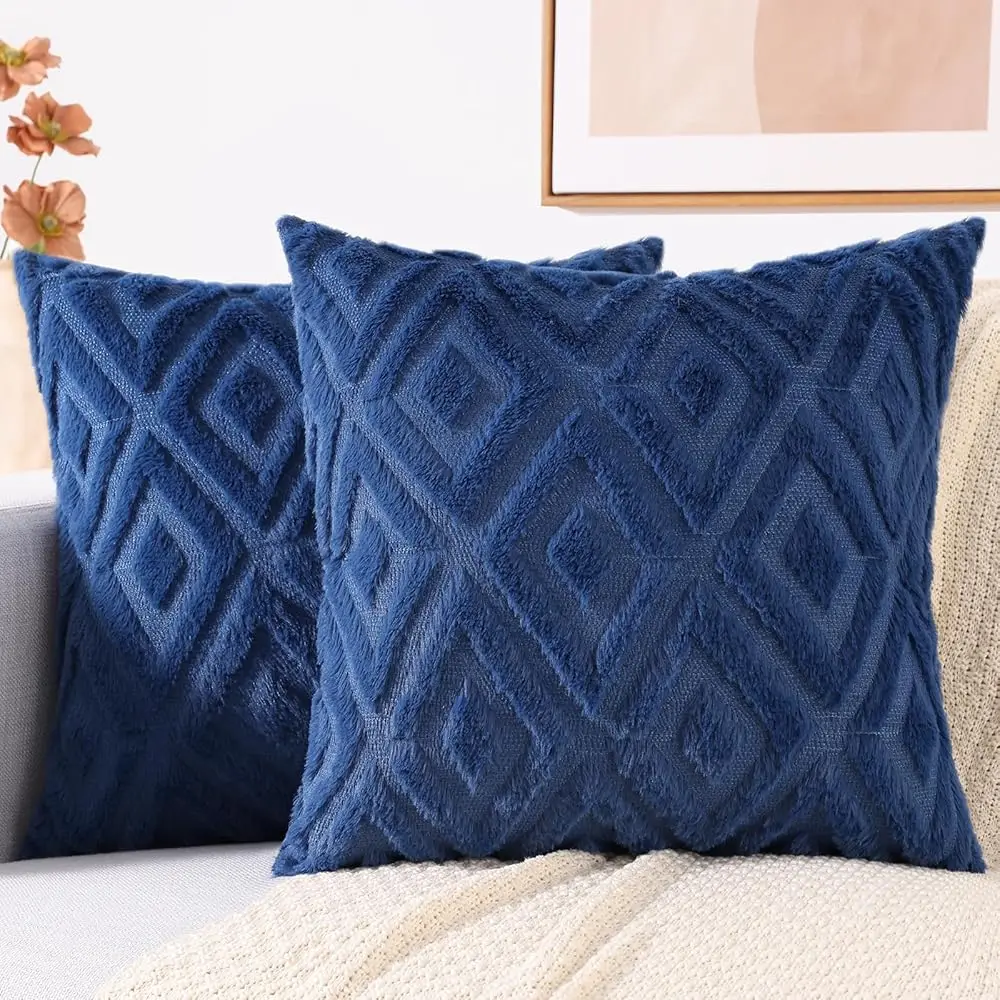 

Couch Throw Pillow Covers 18X18 Set Of 2, Decorative Soft Plush Faux Wool Pillow Covers For Bed Sofa Living Room, Blue