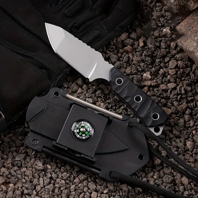 PLYS-Portable Self-Defense Survival Knife With Flint Compass And Mirror - Ideal For Outdoor Camping, Hiking, And Emergencies