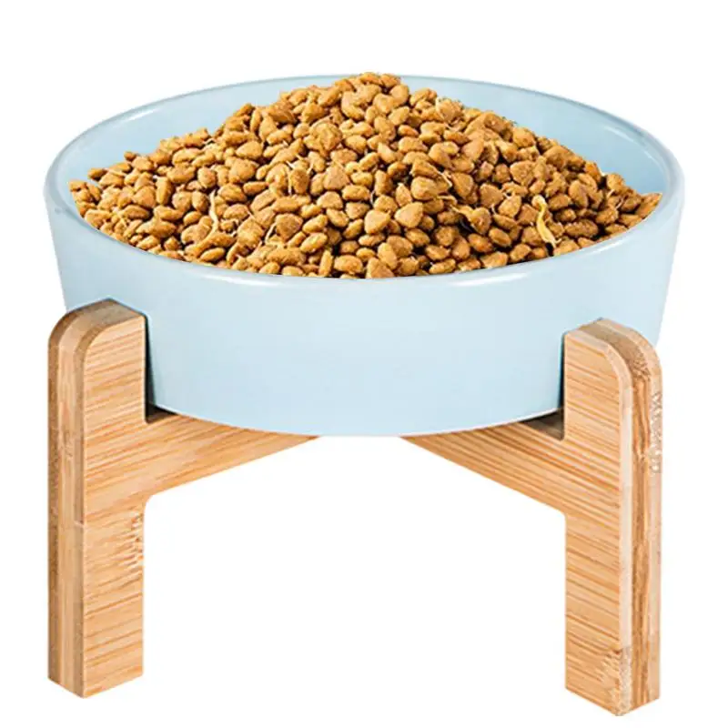 Cat Food Bowl Ceramic Raised Spill Proof Slow Feeder Wooden Stand Feeding Bowl Anti Slip Dog Food Container Pet Feeding Supplies