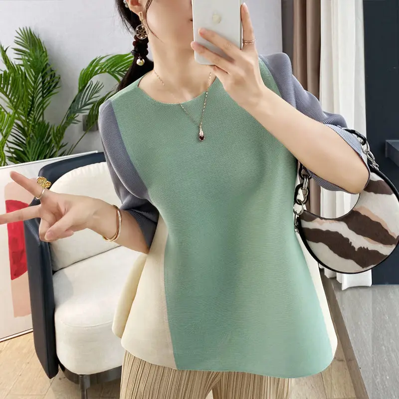 Casual T Shirt 2023 Wrinkle Age Reducing 3/4 Sleeve Top Women Spring/Summer Loose O Neck Relaxed Color Matching T-shirt Female