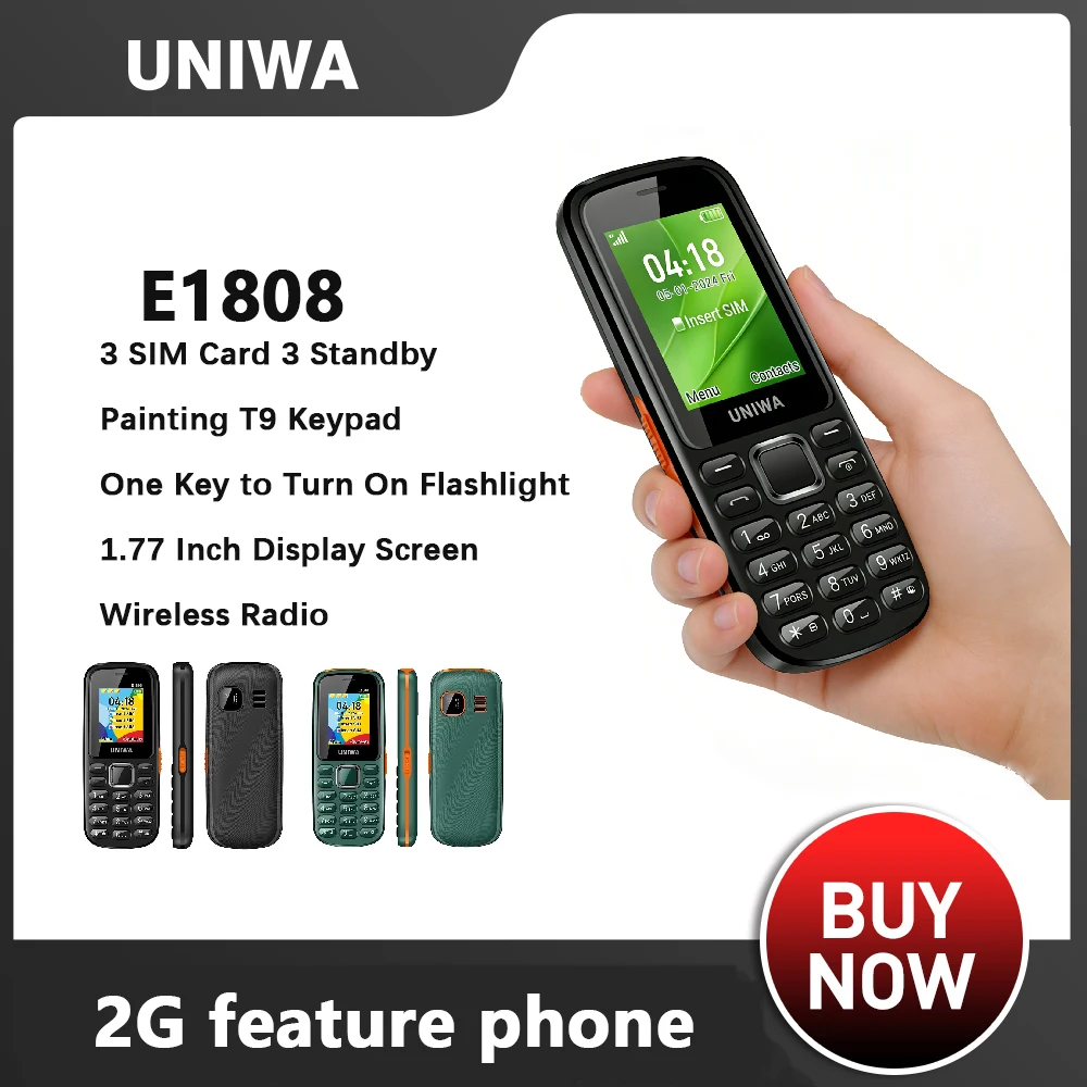 UNIWAE1808 3 SIM Card 3 Standby Feature Phone Wireless radio Flashlight High volume for Elder 2G Keypad Mobile Phone