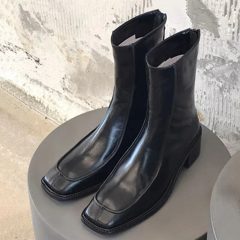 Withered Autumn French Fashion Blogger Ankle Boots Women Vintage Square Toe Leather Chelsea Boots Commuter Casual Zipper Biker